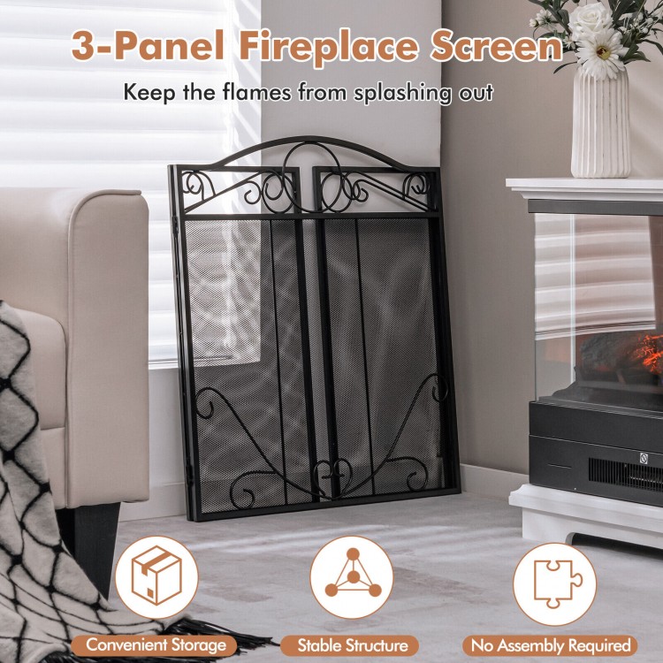 Folded 3-panel fireplace screen with scrollwork design, sturdy steel frame for safety and convenient storage.